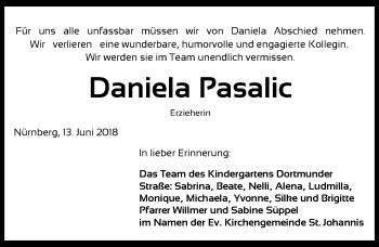 Traueranzeige von Daniela Pasalic von Gesamtausgabe Nürnberger Nachrichten/ Nürnberger Ztg.