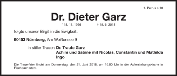 Traueranzeige von Dieter Garz von Gesamtausgabe Nürnberger Nachrichten/ Nürnberger Ztg.