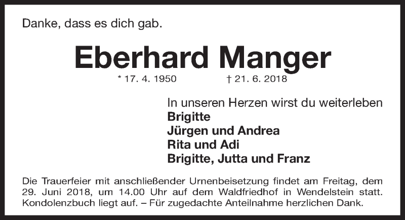  Traueranzeige für Eberhard Manger vom 26.06.2018 aus Gesamtausgabe Nürnberger Nachrichten/ Nürnberger Ztg.