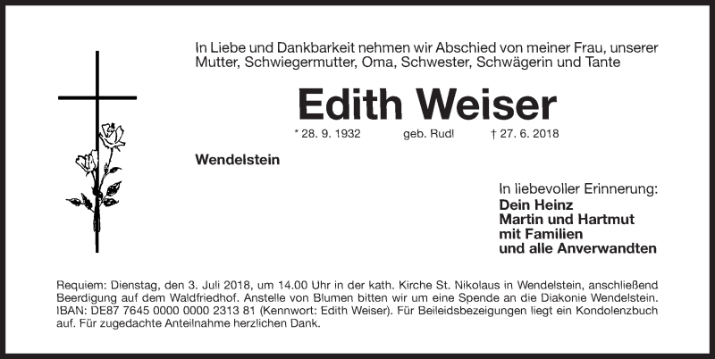  Traueranzeige für Edith Weiser vom 30.06.2018 aus Roth-Hilpoltsteiner Volkszeitung Lokal