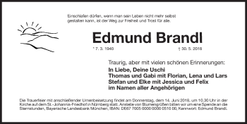 Traueranzeige von Edmund Brandl von Gesamtausgabe Nürnberger Nachrichten/ Nürnberger Ztg.