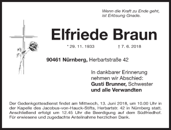 Traueranzeige von Elfriede Braun von Gesamtausgabe Nürnberger Nachrichten/ Nürnberger Ztg.