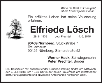 Traueranzeige von Elfriede Lösch von Gesamtausgabe Nürnberger Nachrichten/ Nürnberger Ztg.