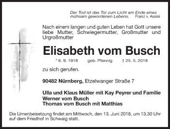 Traueranzeige von Elisabeth vom Busch von Gesamtausgabe Nürnberger Nachrichten/ Nürnberger Ztg.