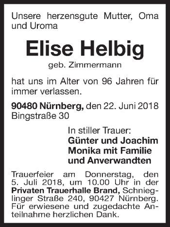 Traueranzeige von Elise Helbig von Gesamtausgabe Nürnberger Nachrichten/ Nürnberger Ztg.