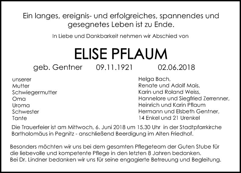  Traueranzeige für Elise Pflaum vom 05.06.2018 aus Nordbayerische Nachrichten Pegnitz Lokal