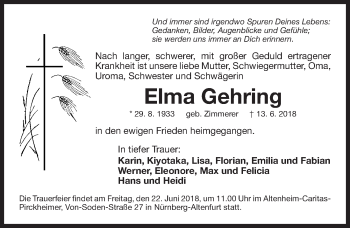Traueranzeige von Elma Gehring von Gesamtausgabe Nürnberger Nachrichten/ Nürnberger Ztg.