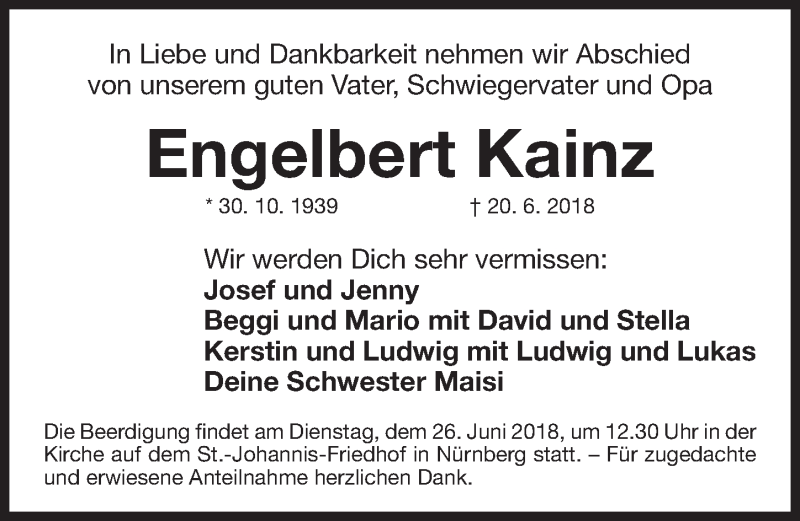  Traueranzeige für Engelbert Kainz vom 23.06.2018 aus Gesamtausgabe Nürnberger Nachrichten/ Nürnberger Ztg.
