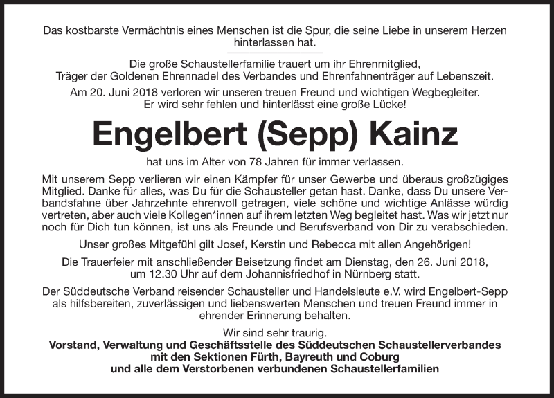  Traueranzeige für Engelbert Kainz vom 23.06.2018 aus Gesamtausgabe Nürnberger Nachrichten/ Nürnberger Ztg.
