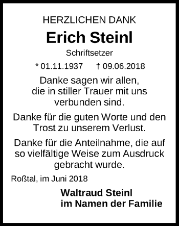 Traueranzeige von Erich Steinl von Gesamtausgabe Nürnberger Nachrichten/ Nürnberger Ztg.
