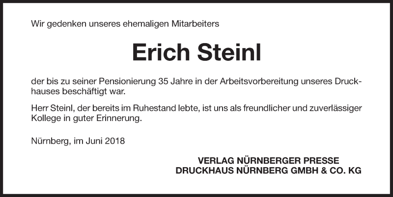 Traueranzeige für Erich Steinl vom 13.06.2018 aus Gesamtausgabe Nürnberger Nachrichten/ Nürnberger Ztg.
