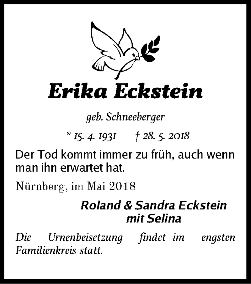 Traueranzeige für Erika Eckstein vom 09.06.2018 aus Gesamtausgabe Nürnberger Nachrichten/ Nürnberger Ztg.