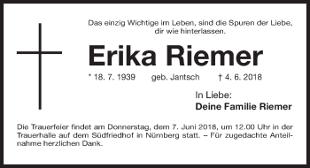 Traueranzeige von Erika Riemer von Gesamtausgabe Nürnberger Nachrichten/ Nürnberger Ztg.