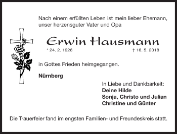 Traueranzeige von Erwin Hausmann von Gesamtausgabe Nürnberger Nachrichten/ Nürnberger Ztg.
