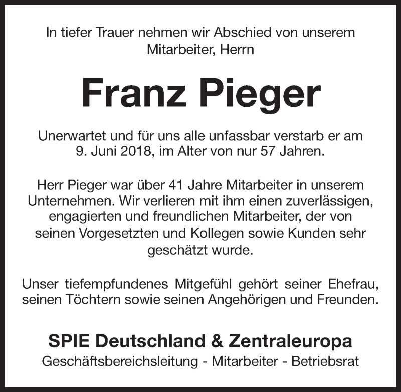  Traueranzeige für Franz Pieger vom 16.06.2018 aus HFN,HEN,HFO