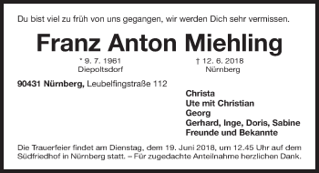 Traueranzeige von Franz Anton Miehling von Gesamtausgabe Nürnberger Nachrichten/ Nürnberger Ztg.
