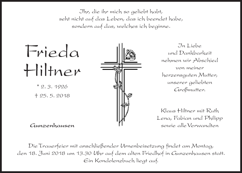  Traueranzeige für Frieda Hiltner vom 13.06.2018 aus Altmühl-Bote Lokal
