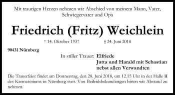 Traueranzeige von Friedrich  Weichlein von Gesamtausgabe Nürnberger Nachrichten/ Nürnberger Ztg.