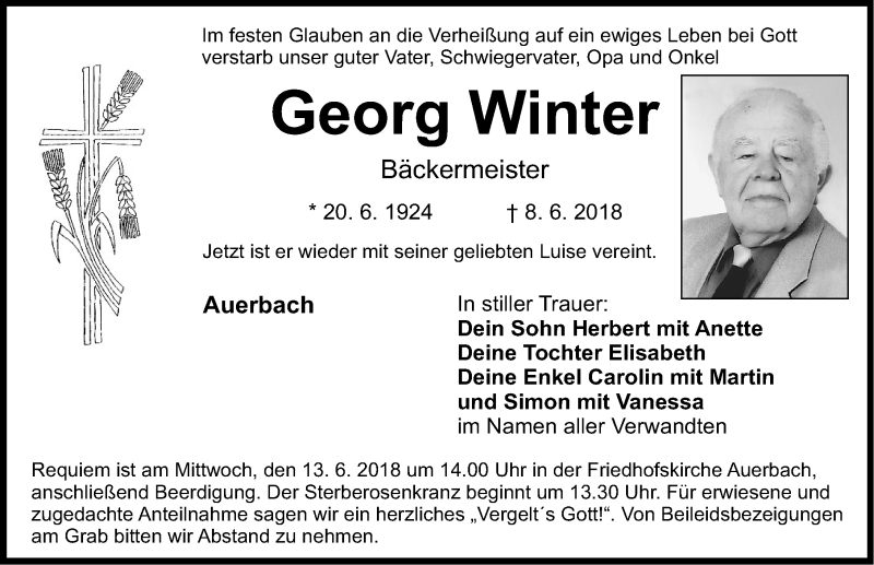  Traueranzeige für Georg Winter vom 11.06.2018 aus Nordbayerische Nachrichten Pegnitz Lokal