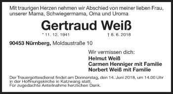 Traueranzeige von Gertraud Weiß von Gesamtausgabe Nürnberger Nachrichten/ Nürnberger Ztg.