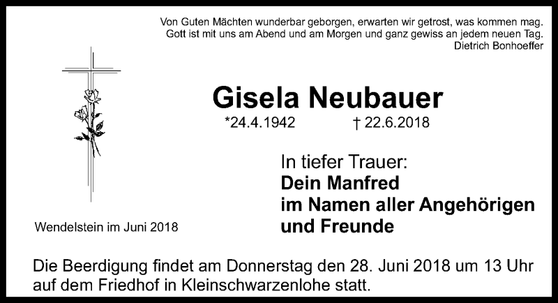 Traueranzeigen von Gisela Neubauer | trauer.nn.de