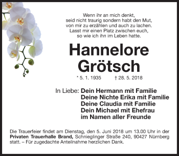 Traueranzeige von Hannelore Grötsch von Gesamtausgabe Nürnberger Nachrichten/ Nürnberger Ztg.
