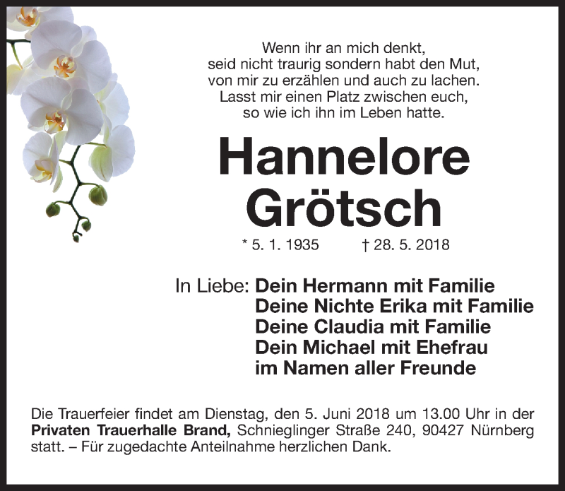  Traueranzeige für Hannelore Grötsch vom 02.06.2018 aus Gesamtausgabe Nürnberger Nachrichten/ Nürnberger Ztg.