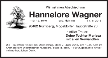 Traueranzeige von Hannelore Wagner von Gesamtausgabe Nürnberger Nachrichten/ Nürnberger Ztg.