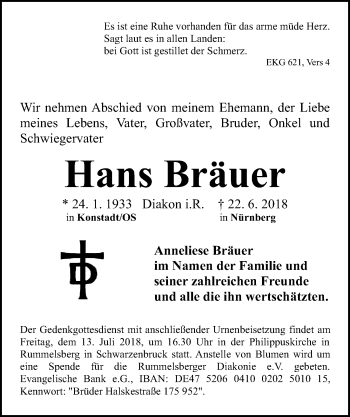 Traueranzeige von Hans Bräuer von Gesamtausgabe Nürnberger Nachrichten/ Nürnberger Ztg.
