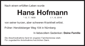 Traueranzeige von Hans Hofmann von Gesamtausgabe Nürnberger Nachrichten/ Nürnberger Ztg.