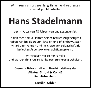 Traueranzeige von Hans Stadelmann von Roth-Hilpoltsteiner Volkszeitung Lokal