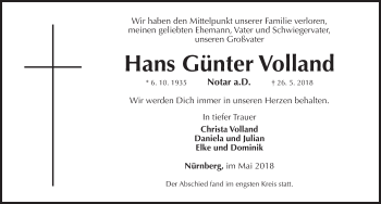 Traueranzeige von Hans Günter Volland von Gesamtausgabe Nürnberger Nachrichten/ Nürnberger Ztg.