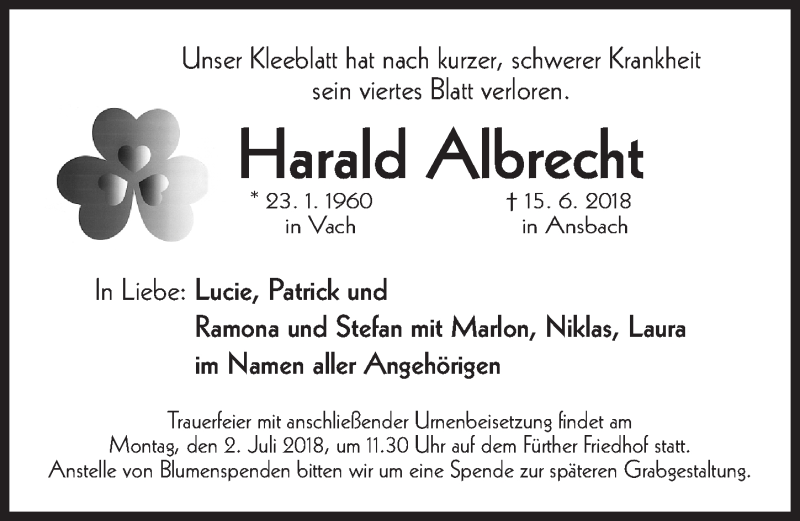  Traueranzeige für Harald Albrecht vom 27.06.2018 aus Fürther Nachrichten Lokal
