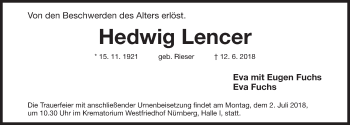 Traueranzeige von Hedwig Lencer von Gesamtausgabe Nürnberger Nachrichten/ Nürnberger Ztg.