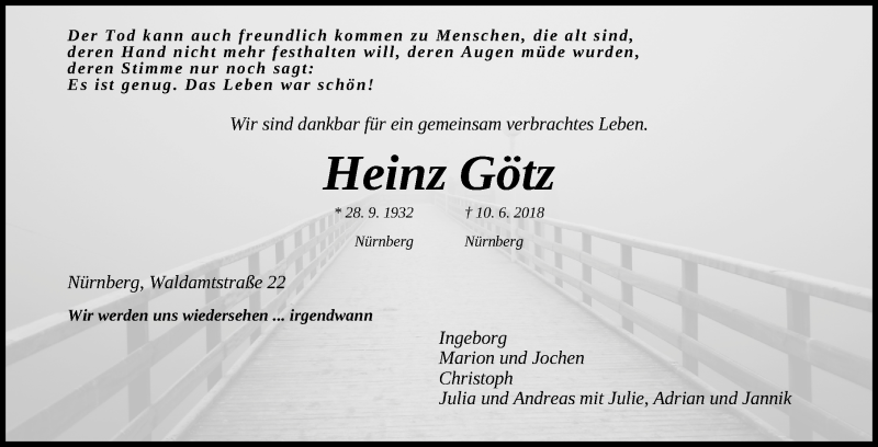  Traueranzeige für Heinz Götz vom 16.06.2018 aus Gesamtausgabe Nürnberger Nachrichten/ Nürnberger Ztg.