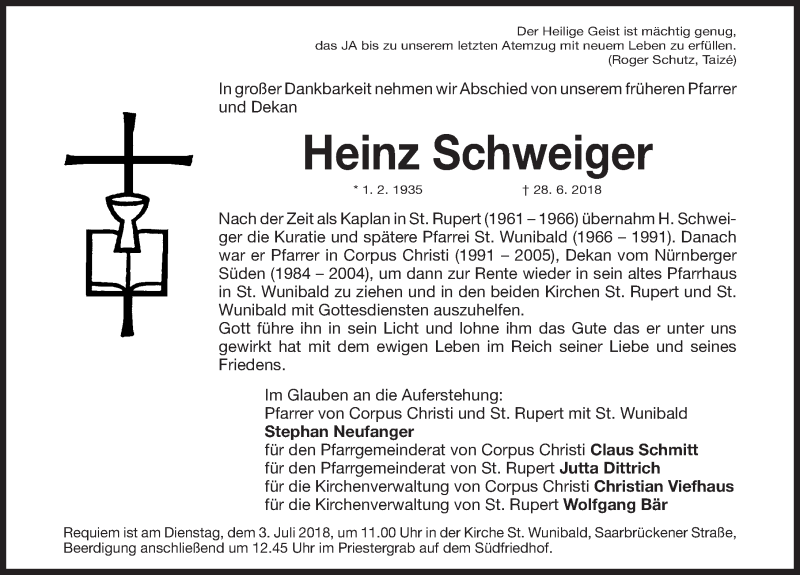  Traueranzeige für Heinz Schweiger vom 30.06.2018 aus Gesamtausgabe Nürnberger Nachrichten/ Nürnberger Ztg.