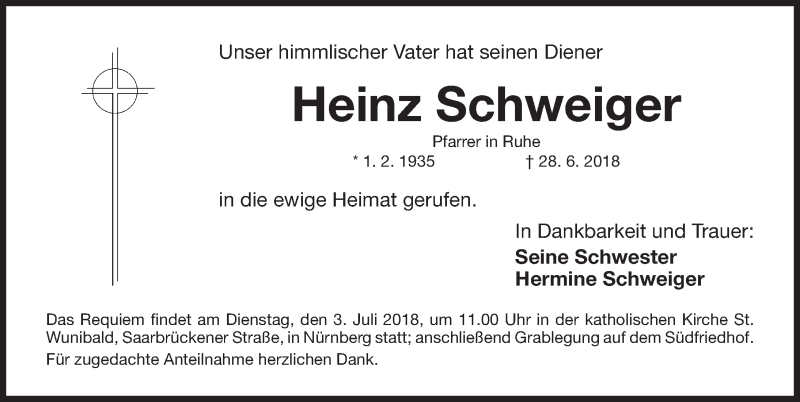  Traueranzeige für Heinz Schweiger vom 30.06.2018 aus Gesamtausgabe Nürnberger Nachrichten/ Nürnberger Ztg.