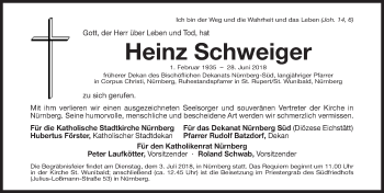 Traueranzeige von Heinz Schweiger von Gesamtausgabe Nürnberger Nachrichten/ Nürnberger Ztg.