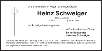 Traueranzeige von Heinz Schweiger von Gesamtausgabe Nürnberger Nachrichten/ Nürnberger Ztg.