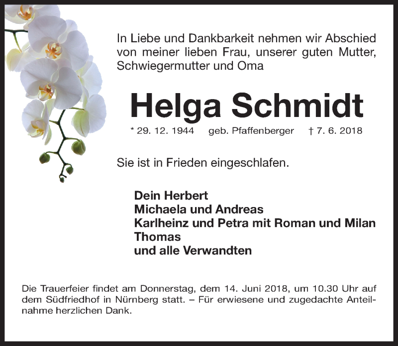  Traueranzeige für Helga Schmidt vom 11.06.2018 aus Gesamtausgabe Nürnberger Nachrichten/ Nürnberger Ztg.