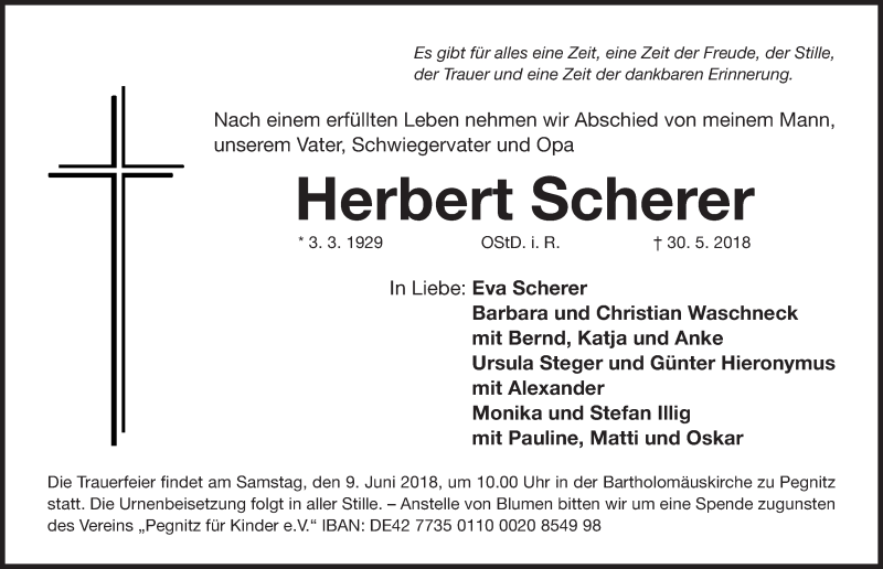  Traueranzeige für Herbert Scherer vom 05.06.2018 aus Nordbayerische Nachrichten Pegnitz Lokal