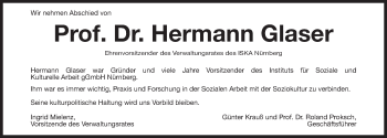 Traueranzeige von Hermann Glaser von Gesamtausgabe Nürnberger Nachrichten/ Nürnberger Ztg.