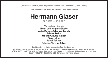 Traueranzeige von Hermann Glaser von Gesamtausgabe Nürnberger Nachrichten/ Nürnberger Ztg.