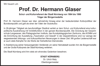 Traueranzeige von Hermann Glaser von Gesamtausgabe Nürnberger Nachrichten/ Nürnberger Ztg.