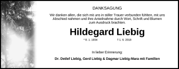 Traueranzeige von Hildegard Liebig von Erlanger Nachrichten Lokal