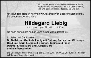 Traueranzeige von Hildegard Liebig von Erlanger Nachrichten Lokal