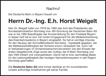 Traueranzeige von Horst Weigelt von Gesamtausgabe Nürnberger Nachrichten/ Nürnberger Ztg.