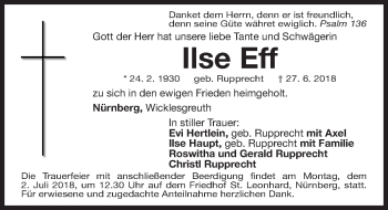 Traueranzeige von Ilse Eff von Gesamtausgabe Nürnberger Nachrichten/ Nürnberger Ztg.