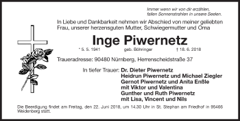 Traueranzeige von Inge Piwernetz von Gesamtausgabe Nürnberger Nachrichten/ Nürnberger Ztg.