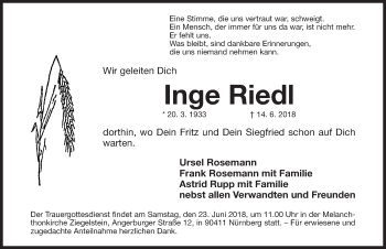 Traueranzeige von Inge Riedl von Gesamtausgabe Nürnberger Nachrichten/ Nürnberger Ztg.